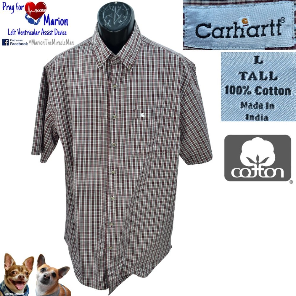 Carhartt Large Tall Maroon Madras Plaid 100% Cotton Woven Short Sleeve w/Pocket